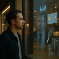 Человек у витрины, отражение — символы успеха, лицо размыто