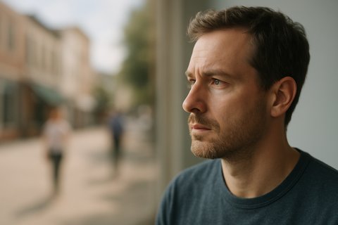 Мужчина вспоминает событие, которое выглядит размытым на заднем фоне