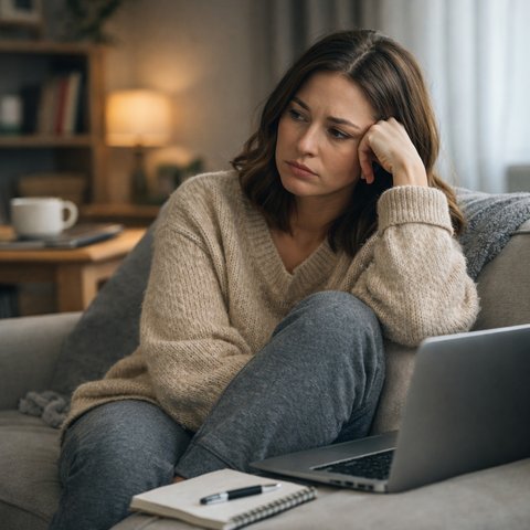 Женщина перед компьютером не может расслабиться из-за множества незавершённых дел