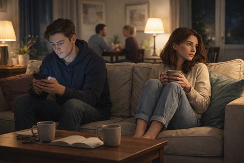 Молодая пара сидит на диване в гостиной: мужчина смотрит в телефон, женщина держит кружку и смотрит в сторону; на фоне другая пара разговаривает за столом