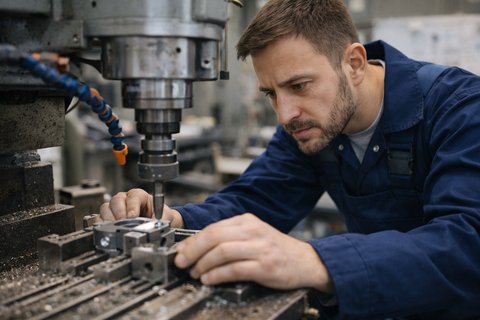 Мужчина в спецовке вручную выставляет металлическую деталь на фрезерном станке в рамках практического обучения