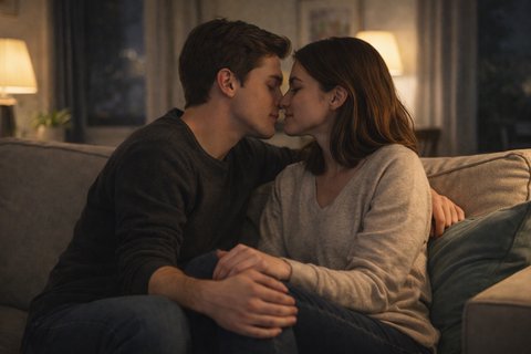 Пара сидит рядом на диване в вечерней комнате и тянется друг к другу для поцелуя