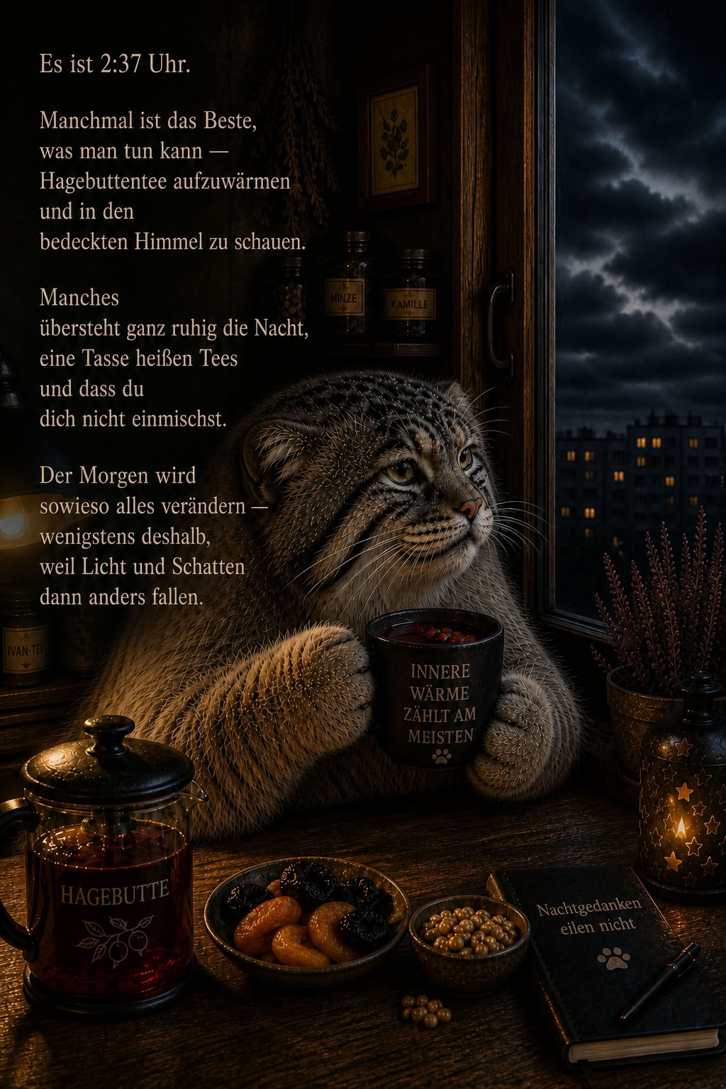 Manul sitzt nachts mit einer Tasse heißem Tee am Fenster, daneben Hagebutten, Trockenfrüchte, ein Notizbuch und eine warme Lampe