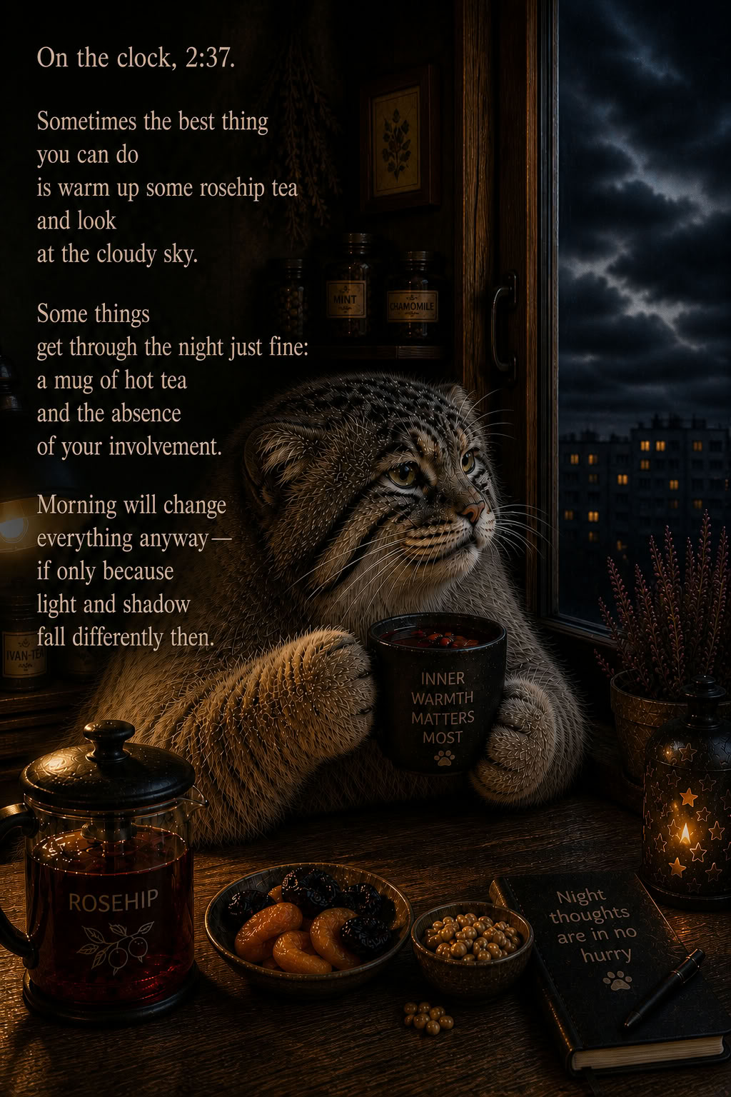 Pallas’s cat sitting by a window at night with a hot cup of tea, rosehips, dried fruit, a notebook, and a warm lamp