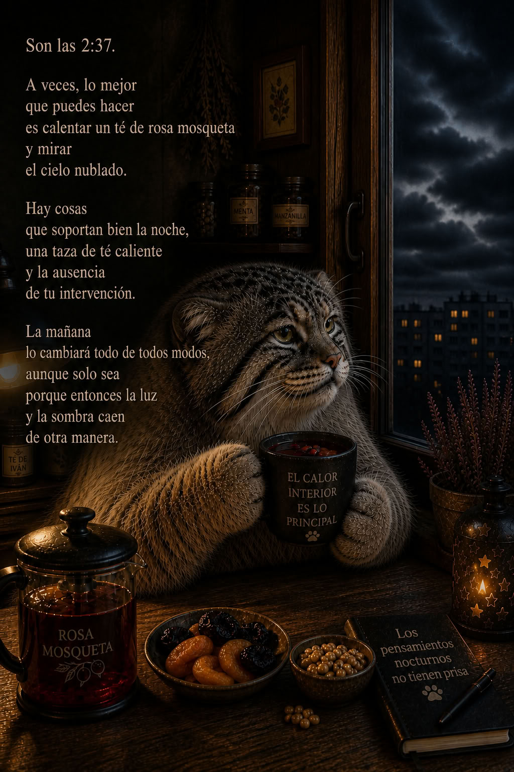 Un manul sentado de noche junto a la ventana con una taza de té caliente, escaramujos, frutos secos, un cuaderno y una lámpara cálida