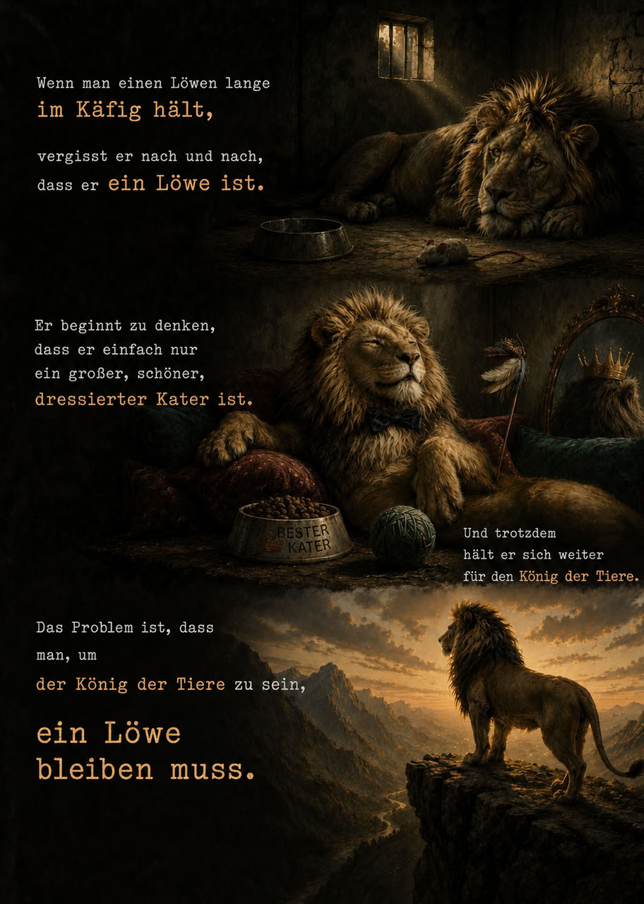 Collage: ein Löwe in einem dunklen Käfig, dann mit Futternapf und Wollknäuel wie eine Hauskatze und schließlich frei auf einem Felsen