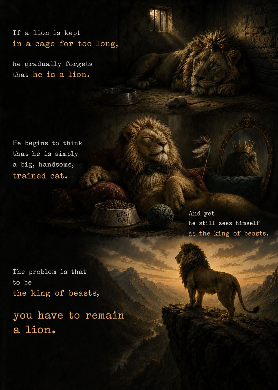 Collage showing a lion in a dark cage, then beside a food bowl and ball of yarn like a house cat, and finally standing free on a rocky peak