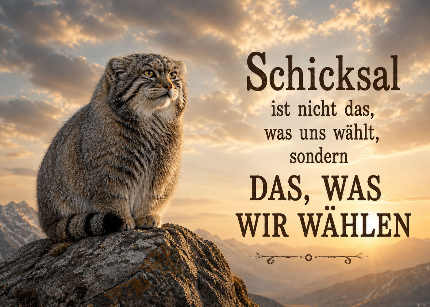 Manul sitzt auf einem Felsen vor Bergen und Sonnenuntergang neben einem Zitat über Schicksal und Entscheidungen