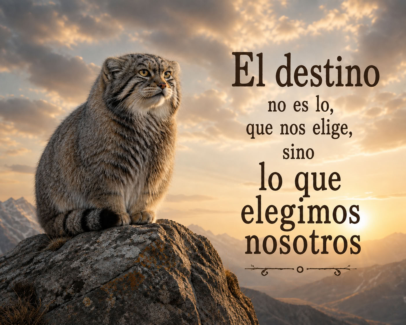 Un manul sentado sobre una roca con montañas y una puesta de sol junto a una frase sobre el destino y las decisiones
