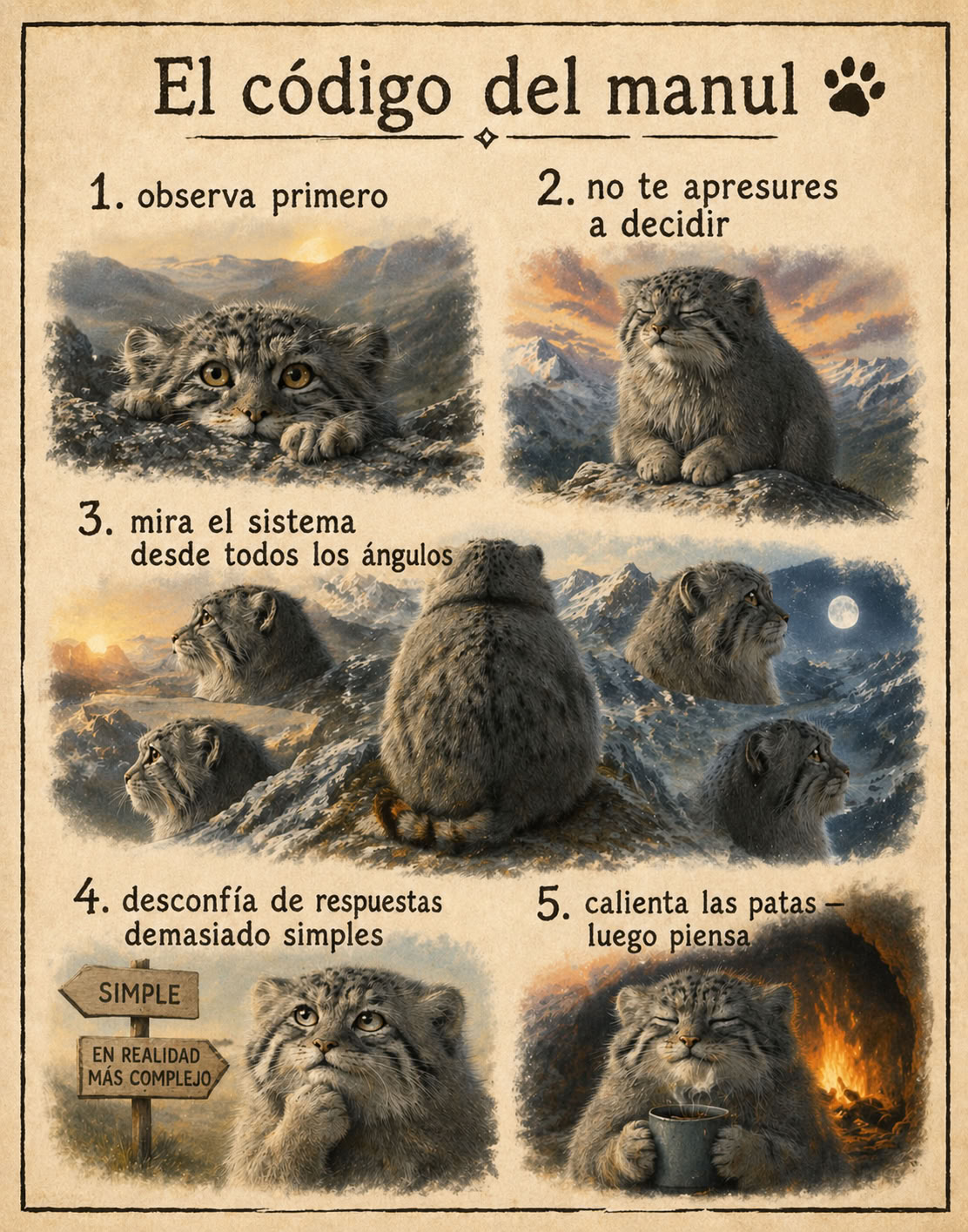 Ilustración vintage «El código del manul» con cinco reglas sobre observación, decisiones y pensamiento sistémico