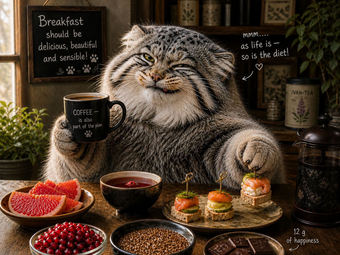 Pallas’s cat sitting at a breakfast table with coffee, fruit, fish, chocolate, and other foods
