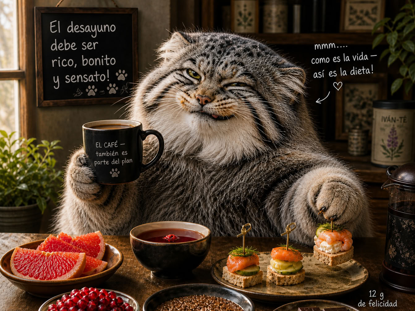 Un manul sentado a la mesa del desayuno con café, fruta, pescado, chocolate y otros alimentos