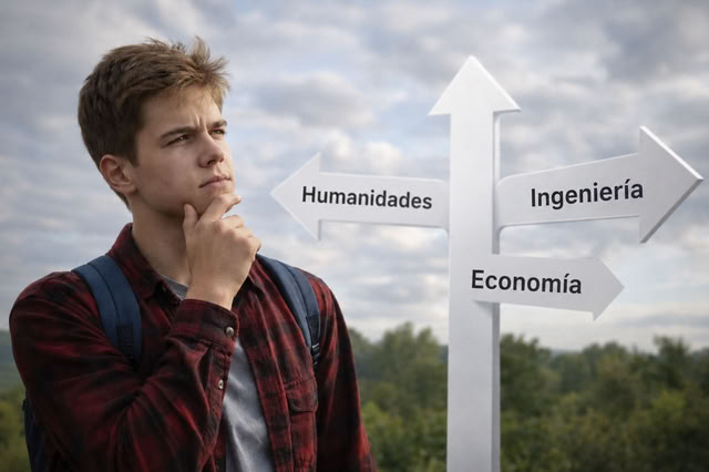 Un adolescente elige entre distintas opciones profesionales junto a un poste indicador
